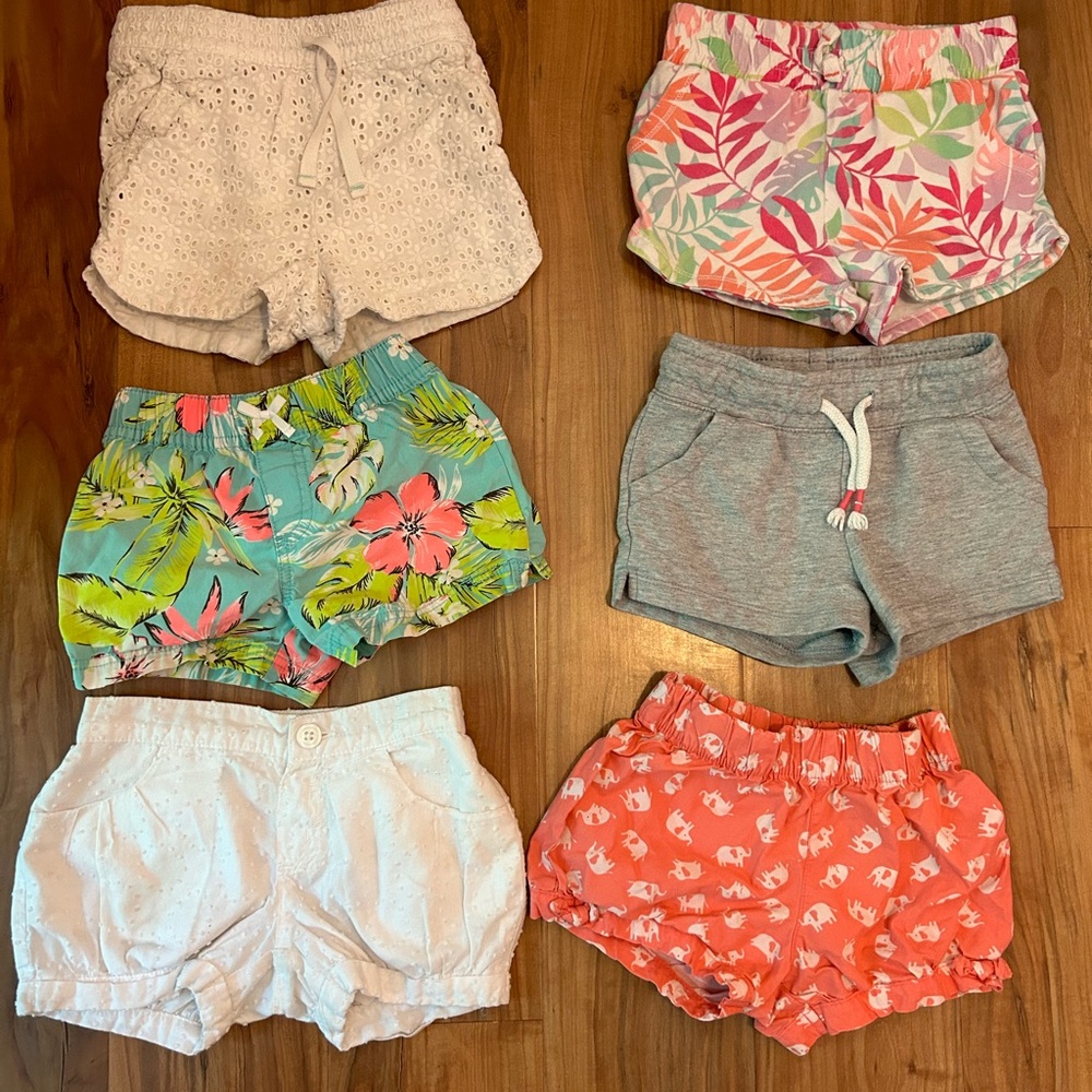 Lot of 6 pairs 3T girls shorts - fun tropical, elephants, neutral and white